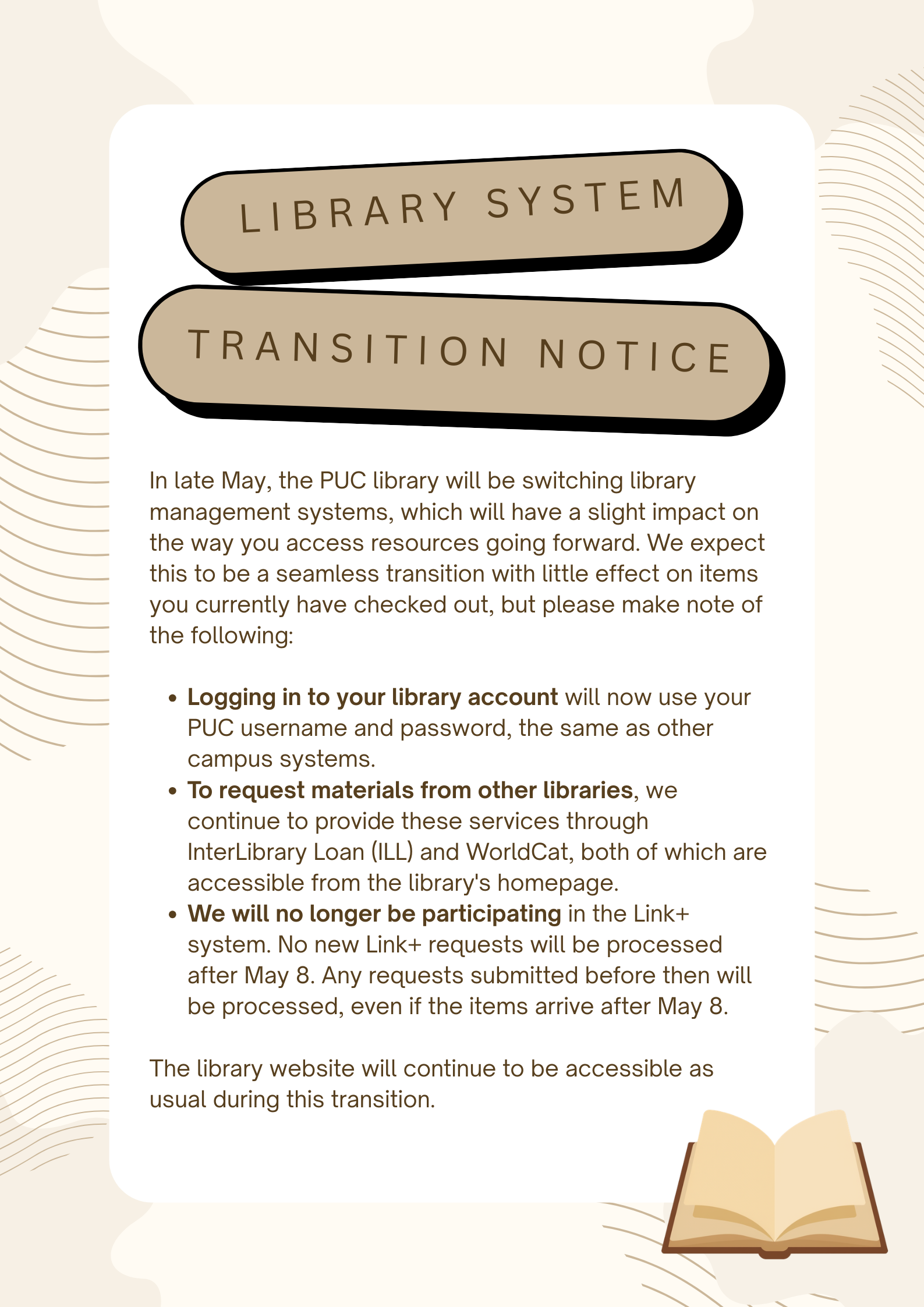 Library annoucement of new library system in May