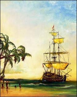 "Bounty Anchored off Pt. Venus, Tahitie" (detail) from the 'Bounty Chronicles'